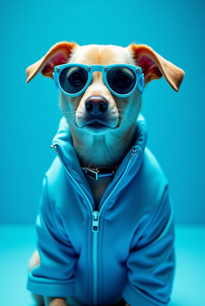 The best cell phone wallpaper, Award-Winning Wallpaper, portrait photography, In the front view is a portrait of a cute dog wearing mid-1960s space age fashion, Side view photo, Shot with Canon EOS R5, Set a strong contrast that accentuates the subject, Fluorescent blue tone, Wearing a very modern coat and sunglasses is a modern 1960s style, Clothes all in one color, beautiful background