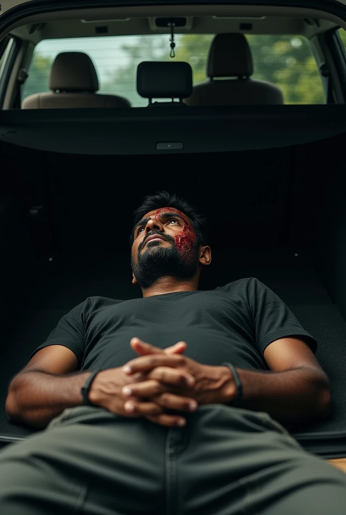 Indian man lying down in Toyota fortuner trunk with his hand tied up bleeding head black t-shirt