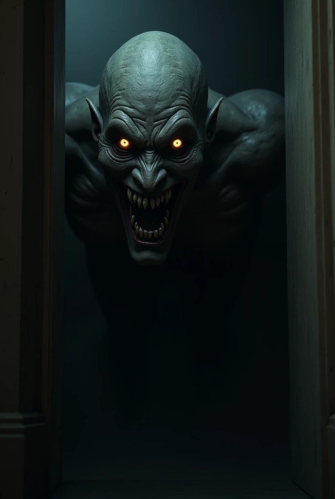 A demonic supernatural being with frightening glowing eyes peering from the doorway, smiling menacingly in a realistic way.