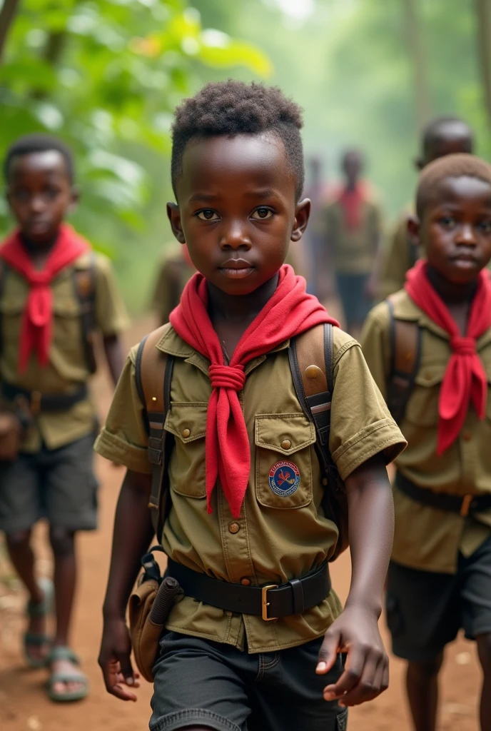 Enfants africains scouts avec une chemise treillis, short noir et un foulard rouge faisant du camping