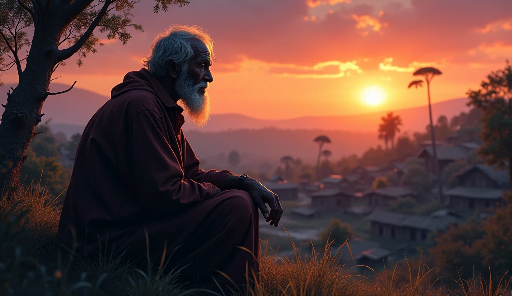 (African folktale)
One evening, as the sun dipped below the horizon and the village was bathed in the glow of twilight,  The old man sat at the edge of the village, gazing into the distance, his eyes reflecting the knowledge of many lifetimes.
