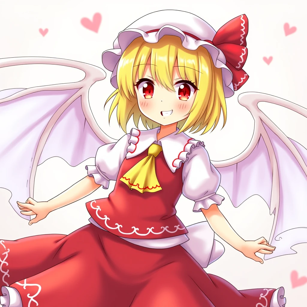 1girl, flandre scarlet (touhou), red eyes, short hair, medium hair, blonde hair, one side up, red eyes, slit pupils, fang, wings, crystal, white headwear, mob cap, red vest, white shirt, collared shirt, frilled shirt collar, yellow ascot, puffy short sleeves, frilled sleeves, wrist cuffs, red skirt, skirt set, frilled skirt, red ribbon, hat ribbon, back bow, white bow, (white socks:1.5)