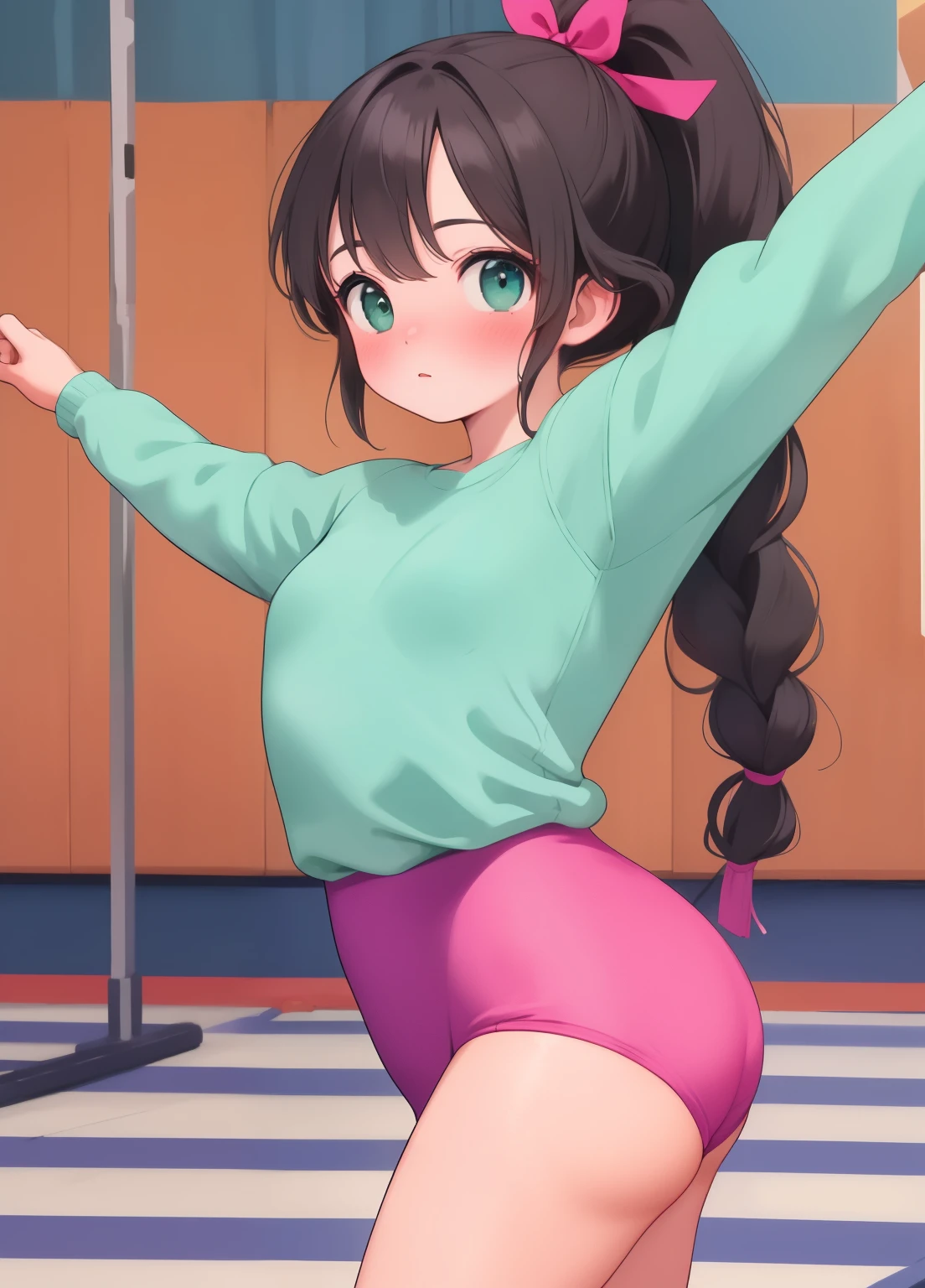(masterpiece、Highest quality、Highest quality、Official Art、Beautiful and beautiful:1.2)、(1 personの:1.3)Hatsune Miku、Twin tails,Beautiful breasts, Katsushika Hokusai,(masterpiece, Highest quality, 8k:1.2),
1 person, Church, Black Hair, Braid, ponytail, Green Eyes, eyelash, Medium chest, (bangs, (New Gymnastics:1.4),Standing Split,blush, Dance Room),
alone, Looking at the audience, Cowboy Shot