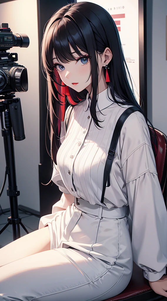 top-quality、Top image quality、​masterpiece、Teenage girl((White shirt、Long black trousers、18year old、 Ager、Best Bust、big bast,Black eyes, Red hair、blue hairs、A slender,Large valleys、red lipstick makeup on eyelids、Cute earrings、Silver Watch、Bring your chest together、have a digital camera)),hiquality、Beautiful Art、Background with((White space、Photography Studio))​masterpiece、depth of fields,Cinematic style
