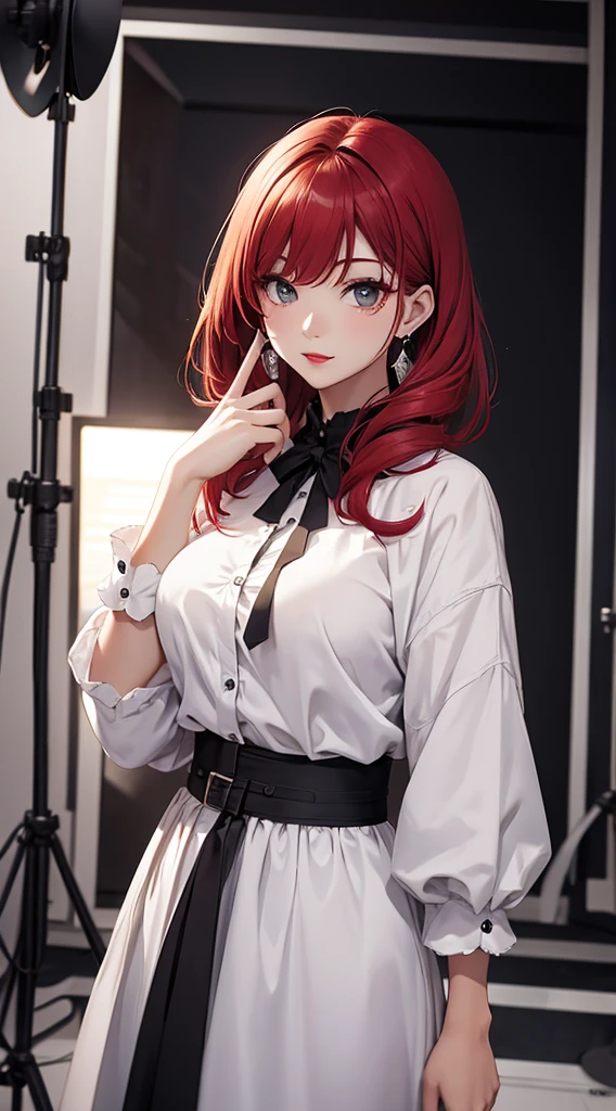 top-quality、Top image quality、masterpiece、age girl((White shirt、Long black trousers、18year old、 Ager、Best Bust、big bast,Black eyes, Red hair、blue hairs、A slender,Large valleys、red lipstick makeup on eyelids、Cute earrings、Silver Watch、Bring your chest together、have a digital camera)),hiquality、Beautiful Art、Background with((White space、Photography Studio))masterpiece、depth of fields,Cinematic style