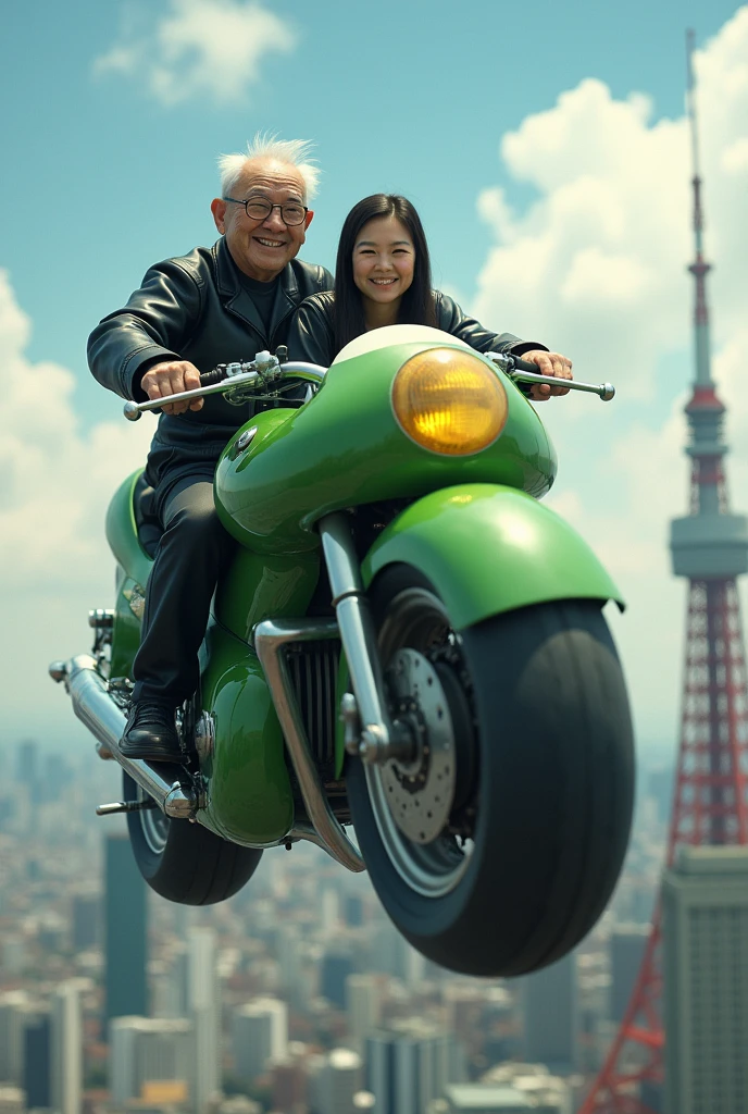 ((ghosts of a Japanese grandfather and grandmother wearing black leather jackets)), (flying over the Tokyo sky on a large motorcycle), Tokyo tower visible in the background, two smiling people, old man riding a cucumber-shaped motorcycle and eggplant-shaped ghost An old woman riding a bike,