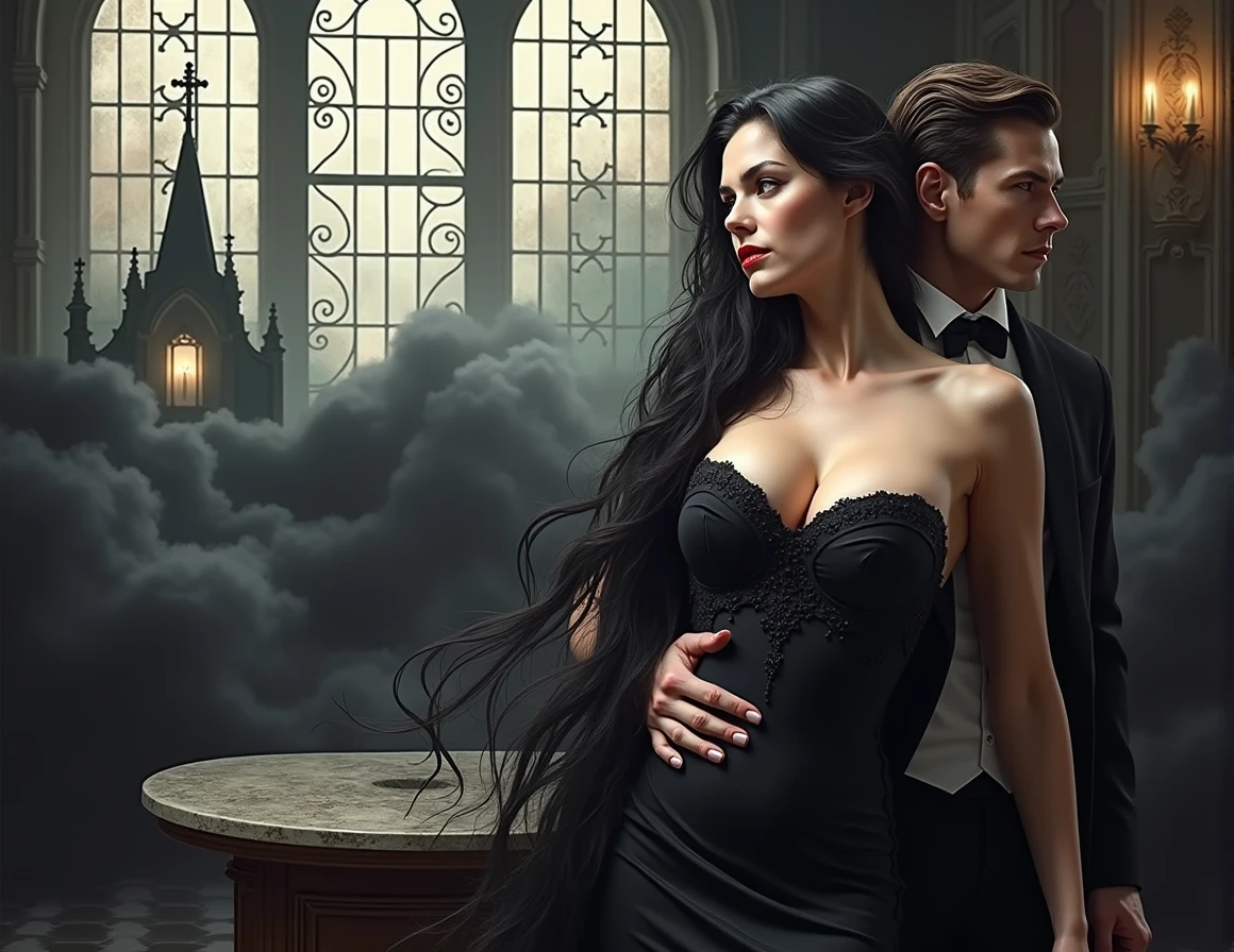 man and woman, Daniel Sisniega in black suit, near Catherine Zeta-Jones in black dress,woman with long hair, man with short hair, Victorian era, unshaven, Undercut,short brown hair combed back, 30 years old, beautiful face, arrogant look, a Catholic church in the background, black smoke swirling behind him, darkness swirling, villain, Lasombra, большая грудь у женщины.