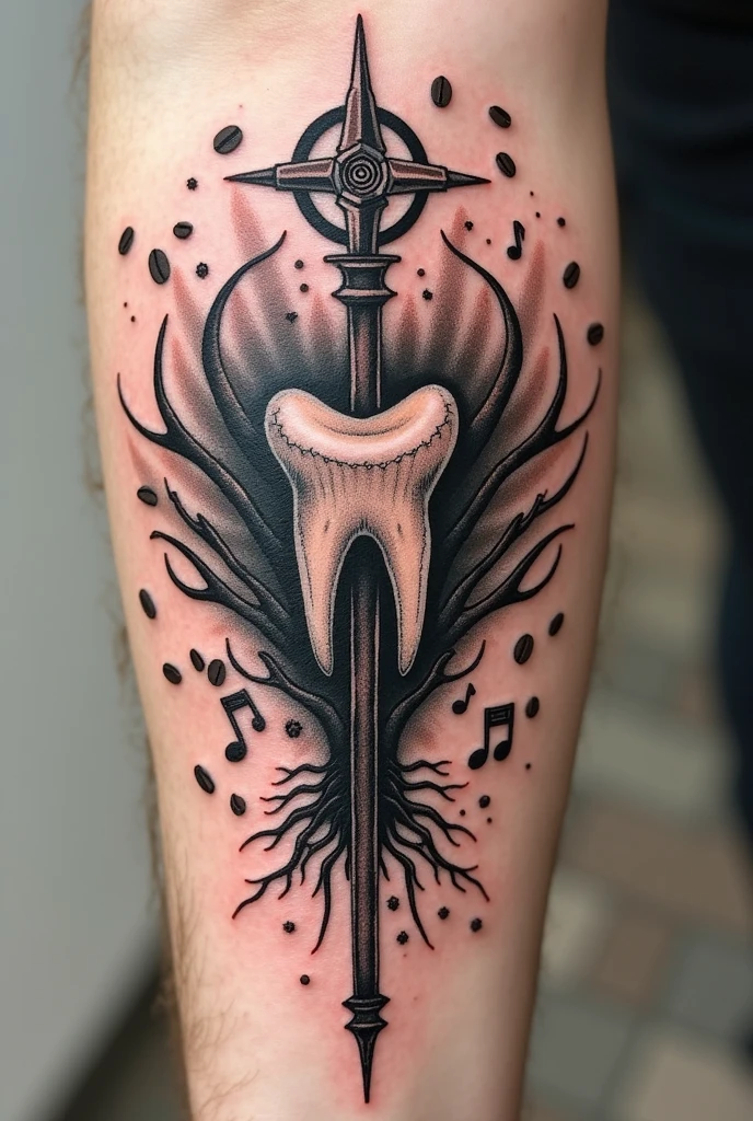 Vegvisir tattoo, with a two-rooted molar and coffee beans, Nordic musical notes and the date March 24, 2023