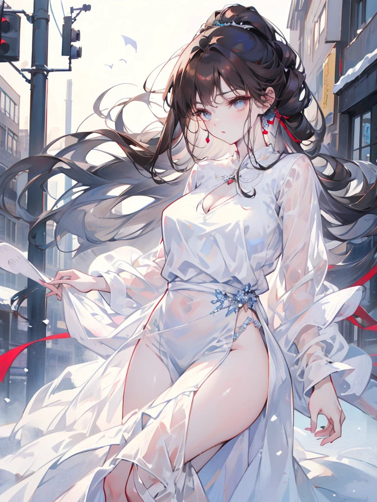 young，Hanging Hair，Dark brown hair，Street background，Whole Body Ezbian，Long legs，Beautiful body structure cover，Ultra-detailed drawings， Amazingly realistic photos，Snow blue clothes，Light taupe clothing，Translucent clothing，(Casual Hairstyles,:1.2), Incredibly graceful pose, Organza Dresses，Translucent maxi dress，Background Blur，A goddess-like presence，office lady