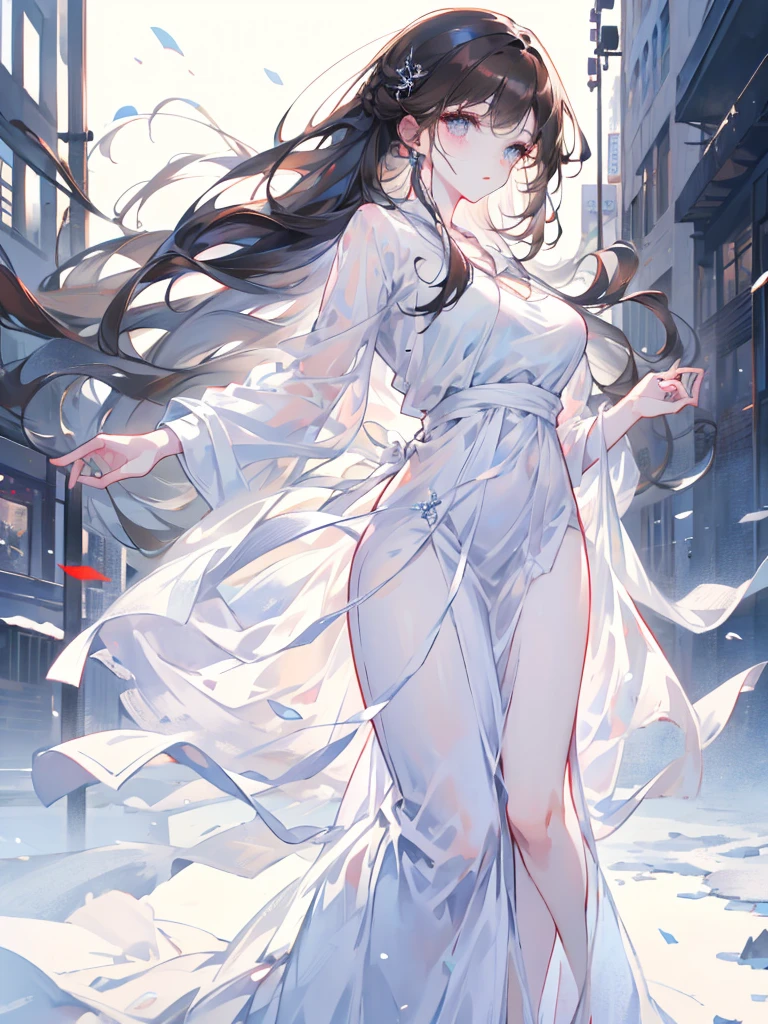 young,Hanging Hair,Dark brown hair,Street background,Whole Body Ezbian,Long legs,Beautiful body structure cover,Ultra-detailed drawings, Amazingly realistic photos,Snow blue clothes,Light taupe clothing,Translucent clothing,(Casual Hairstyles,:1.2), Incredibly graceful pose, Organza Dresses,Translucent maxi dress,Background Blur,A goddess-like presence,office lady