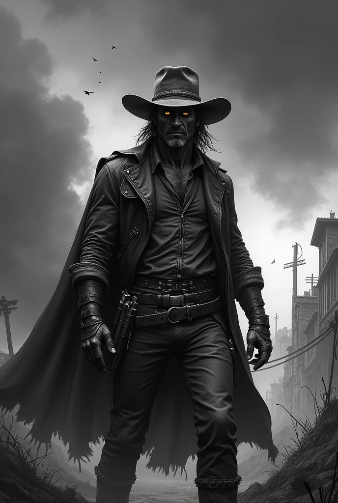 Meilleure qualité, ultra-détaillé, Réaliste, d&#39;apocalypse farwest cowboy, cowgirl solo, farWest féroces et intimidants, année 1866, nuages noirs menaçants et ciel orageux, le feu et la fumée, style artistique audacieux et agressif, palette de couleursnoir et blanc, atmosphère sinistre et sombre, décor infernal et chaotique, destruction apocalyptique et chaos