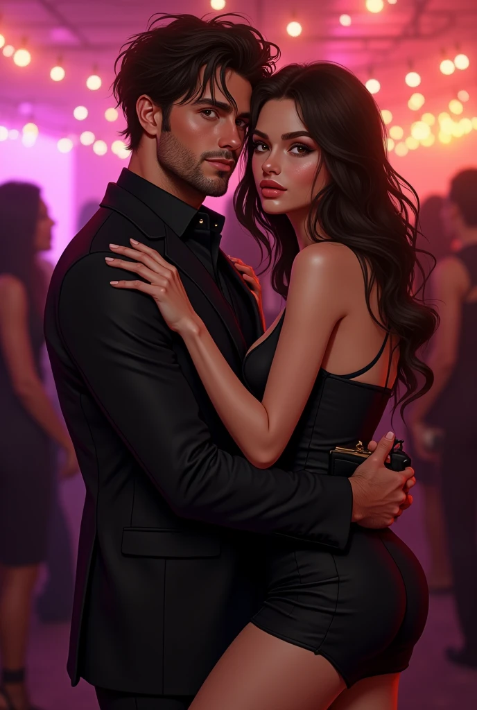 A girl with big brown doe eyes 
Black mini bodycon dress 
Black heels with black small handbag on shoulder
Shoulder length open hairs 
Pink full lips 
Party theme behind 
Also add her boyfriend 
Tall black messy hairs 
Black formal matching suit 
Holding her from waist closely 
And very handsome 
Add beard to the man 