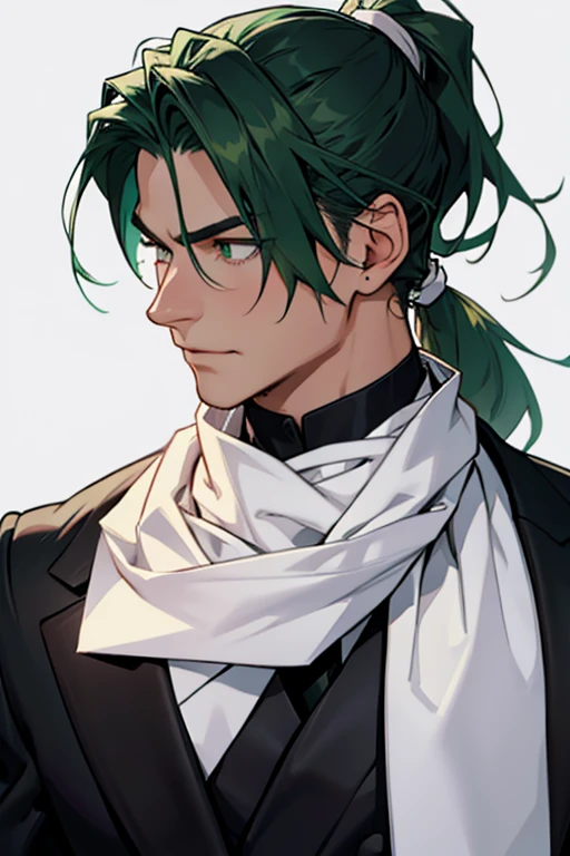 A large white neckerchief knot around the neck、Black Suit、green haired man、ponytail、