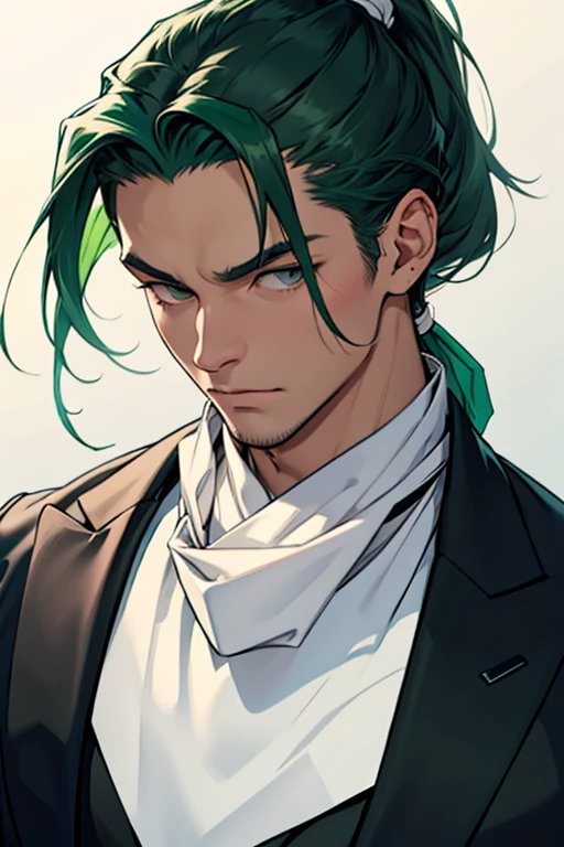 A large white neckerchief knot around the neck、Black Suit、green haired man、ponytail、