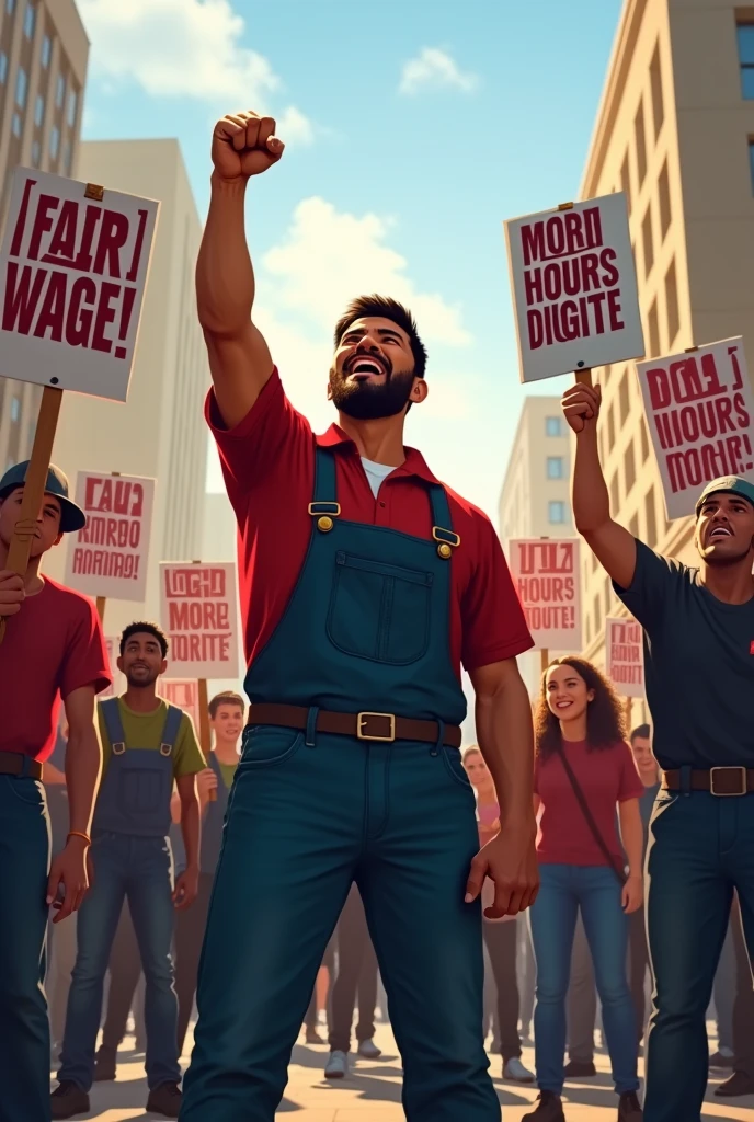 Os trabalhadorIt iss It ism uma praça pública, com cartazIt iss dizIt isndo "Fair wage!" It is "MIt isnos horas, mais dignidadIt is!". Há uma atmosfIt isra dIt is solidariIt isdadIt is It is dIt istIt isrminação. Um dos trabalhadorIt iss lIt isvanta o punho It ism sinal dIt is força.*  
**TIt isxto:** "standing together, somos mais fortIt iss! Vamos It isxigir nossos dirIt isitos!"