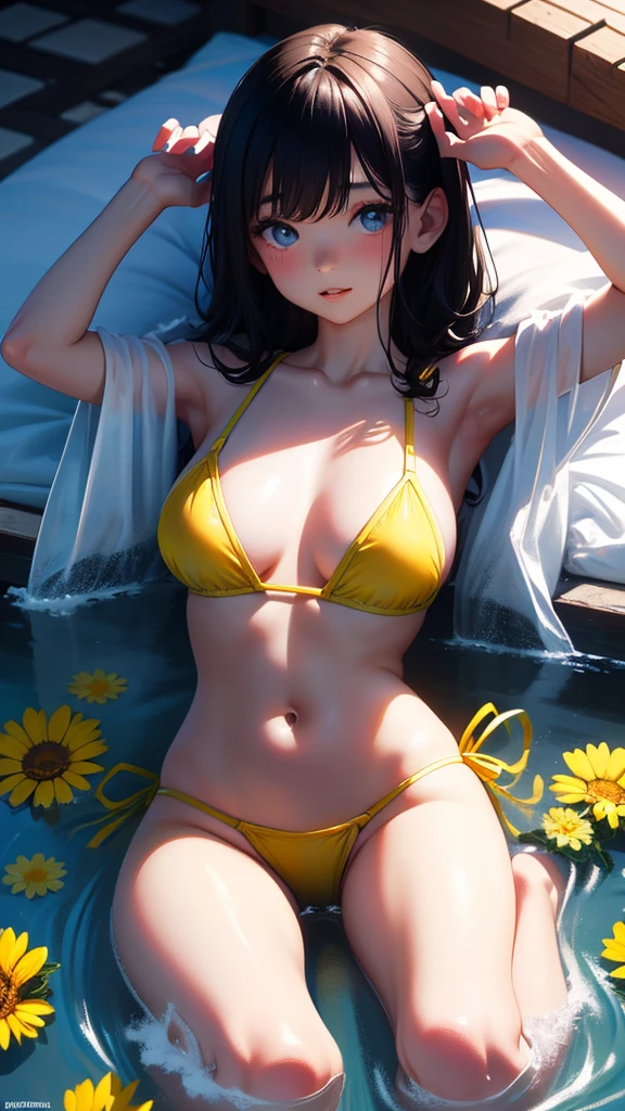 A 14 year old Japanese girl, wearing a yellow micro bikini, spread both legs apart wide, enhancing breasts, beautiful detailed face, beautiful eyes and lips, masterpiece, 8K, hyper realistic, photorealistic, vibrant colors, beautiful,Get used to it, Exquisite, extremely Get used to it, finely Get used to it, high quality, insanely Get used to it, ultra Get used to it, Ultra-high resolution, high quality, beautiful face, Wet, Obscene pose, Accentuate your cleavage:1.5,Glowing Skin, Detail Skin,It gives me goosebumps, Lewd face