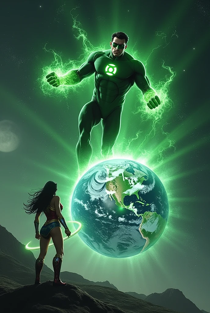 The dark side of the moon, with Green Lantern decimating planet Earth and Wonder Woman defending the planet 
