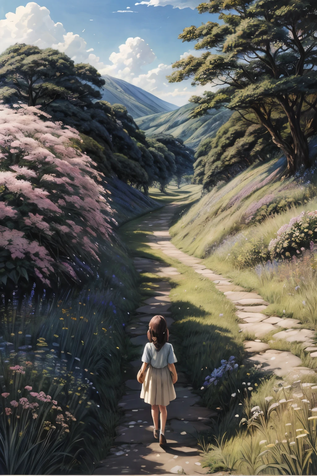 Realistic, real, beautiful and stunning landscape oil painting Studio Ghibli Hayao Miyazaki Petals Grassland Blue Sky Grassland Country Road,building, beautiful girl