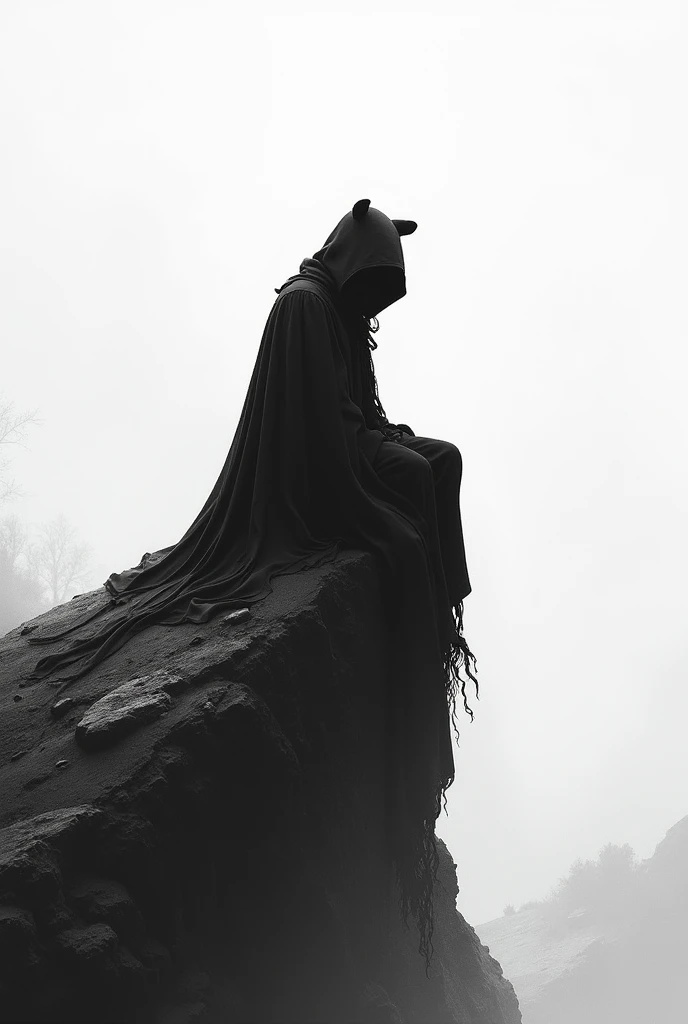 Knight sitting on a rock wearing a hood with bear ears and a cape with a sword all black and white