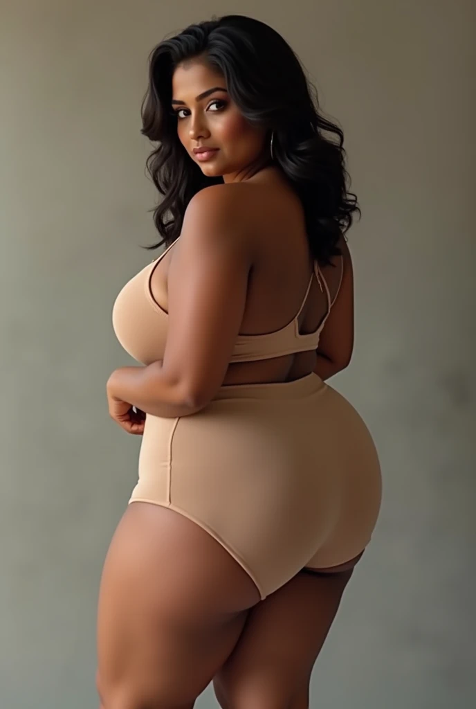 Average height woman, overweight, 40 year old, brown skinned,.eyes browns, pretty, chic, now, GG balls, voluptuous, voluminous, 190cm mother, Waist slender, sexly, pose, bundona, seen from behind, anal, long, rear overhang, blue lace thong