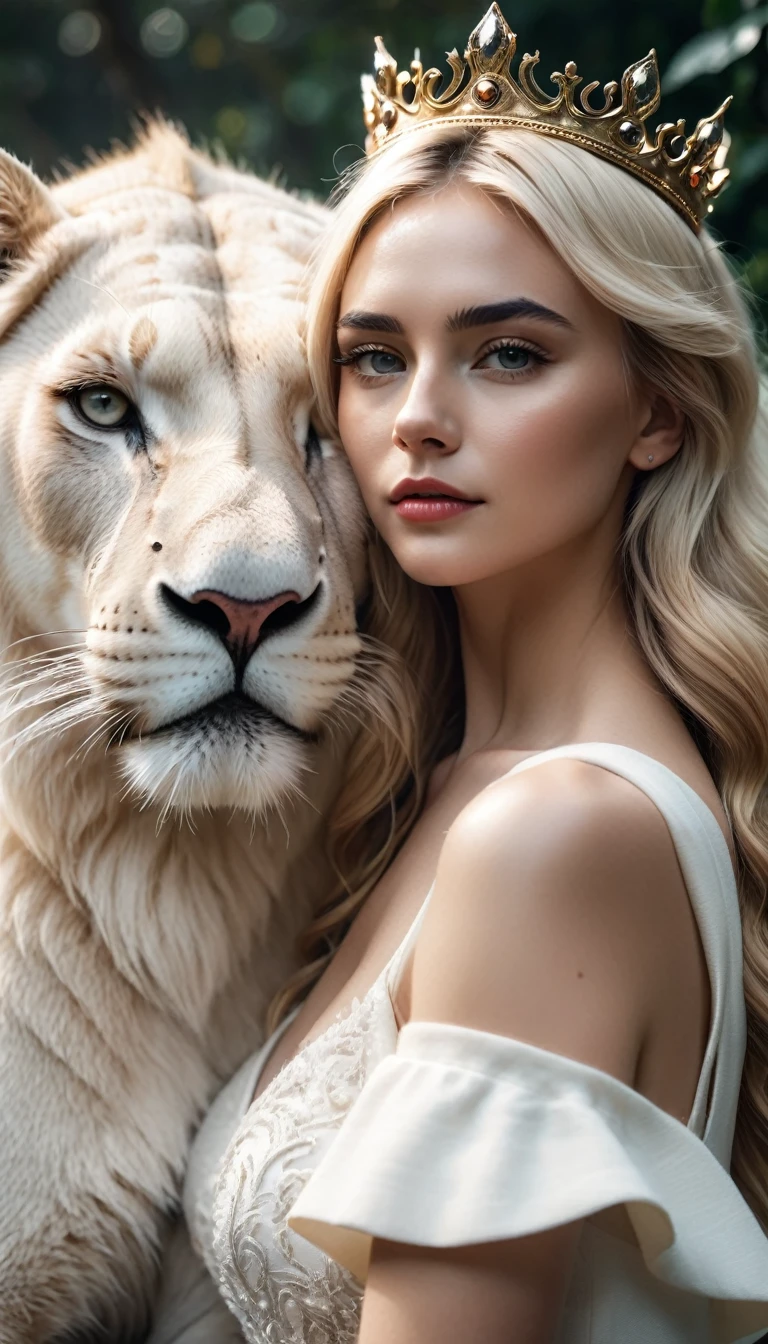Elegant blonde girl with crown posing next to a white lioness , cinematic still, emotional, harmonious, vignette, highly detailed, high budget, bokeh, cinemascope, moody, epic, gorgeous, film grain, grainy, beautiful eyes, beautiful face, beautiful lips, best quality 32k