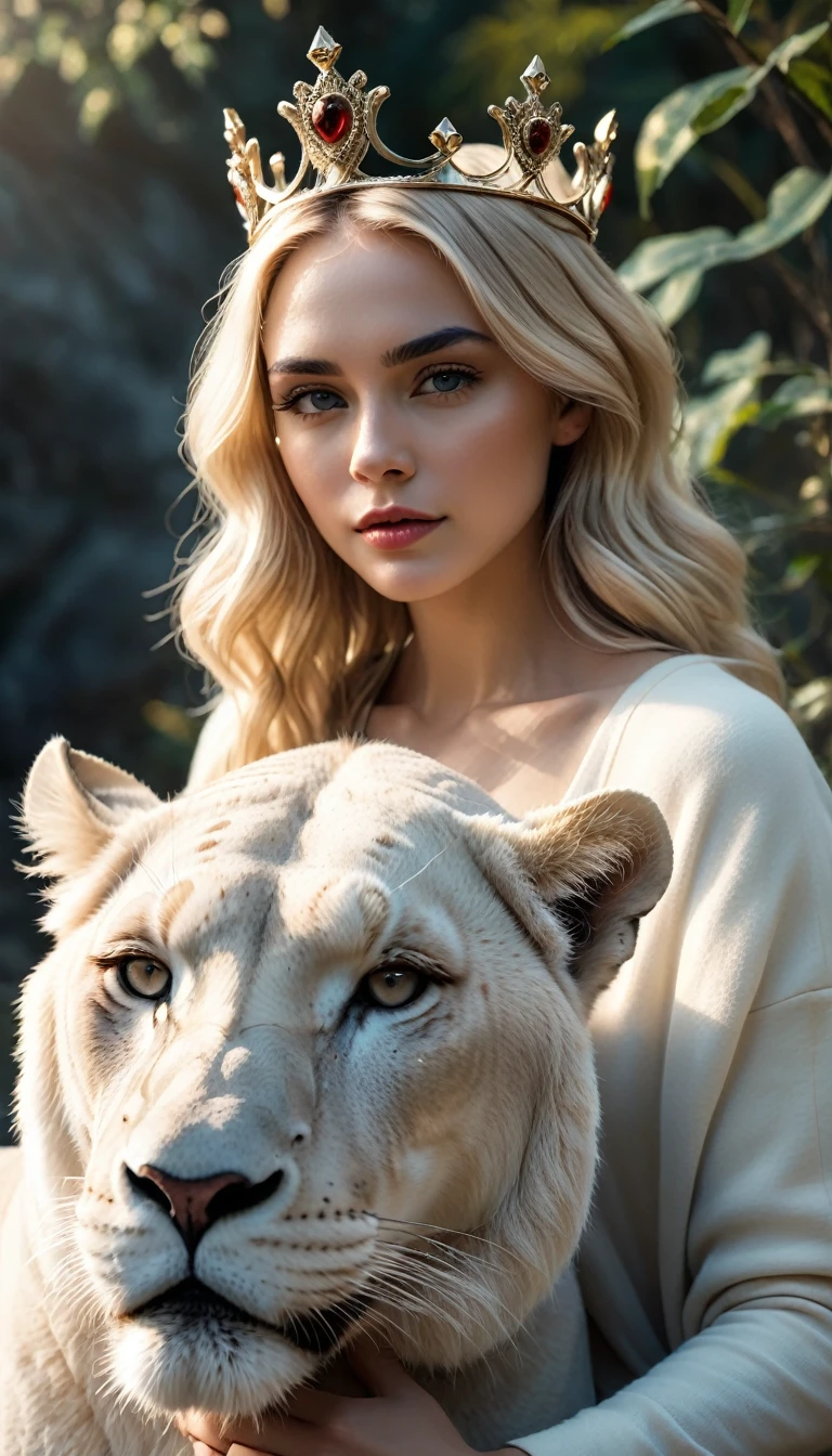 Elegant blonde girl with crown posing next to a white lioness , cinematic still, emotional, harmonious, vignette, highly detailed, high budget, bokeh, cinemascope, moody, epic, gorgeous, film grain, grainy, beautiful eyes, beautiful face, beautiful lips, best quality 32k