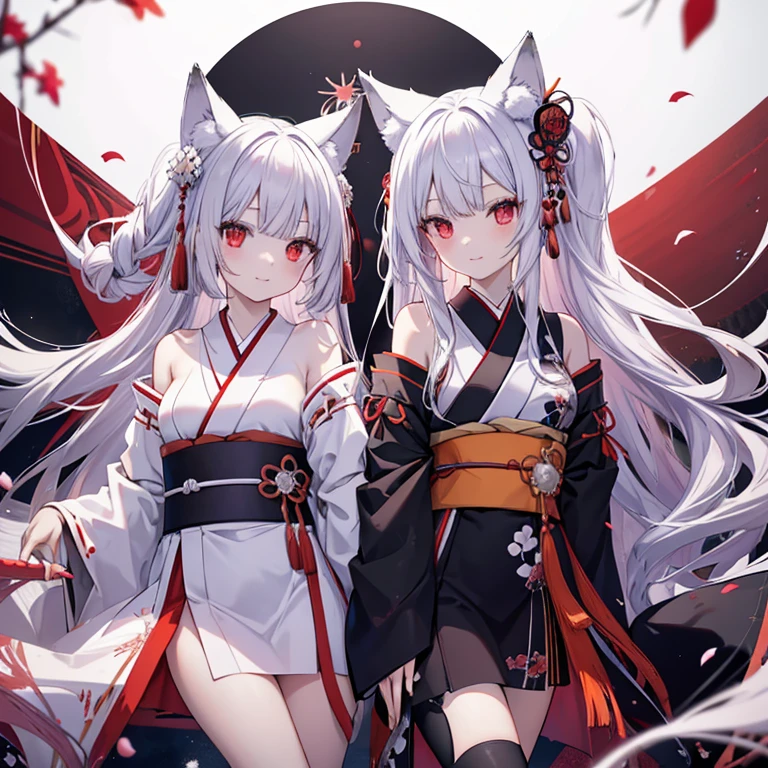 Long Hair, Red eyes, Fox Ears, Attention to detail, Silver Hair, Both sides up, Animal ears , happiness/joy, anime, Spread your legs Swaying in the Wind Fox Tail Red and black kimono Twin Side Up smile Too much exposure Shoulder exposed Light purple on hair tips Sisters Two people Japanese sword