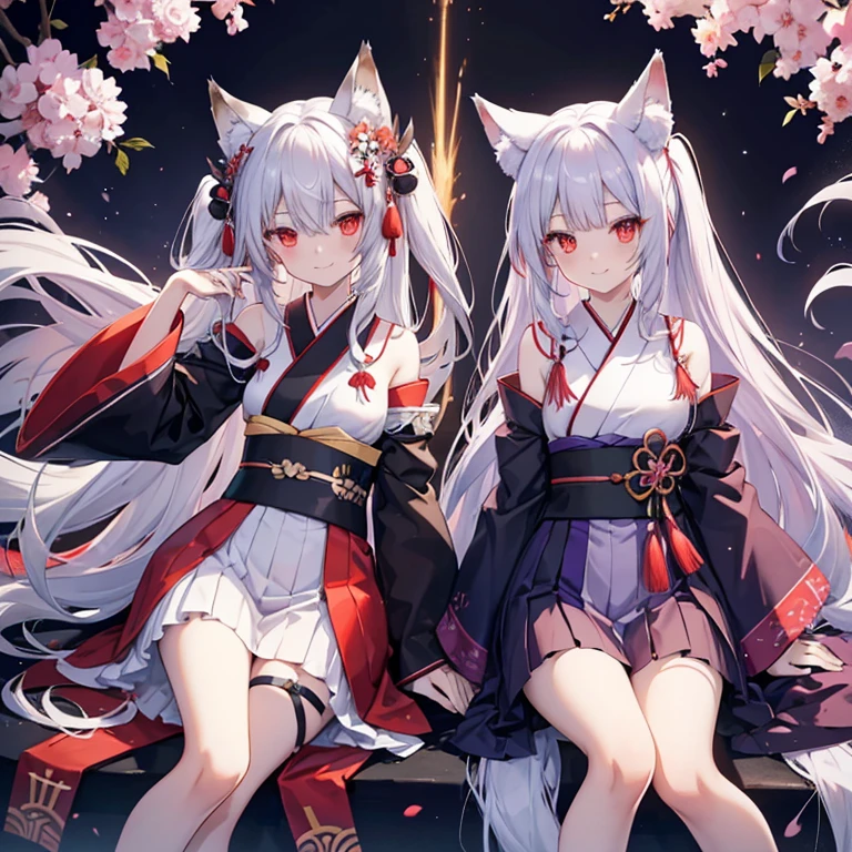 Long Hair, Red eyes, Fox Ears, Attention to detail, Silver Hair, Both sides up, Animal ears , happiness/joy, anime, Spread your legs Swaying in the Wind Fox Tail Red and black kimono Twin Side Up smile Too much exposure Shoulder exposed Light purple on hair tips Sisters Two people Japanese sword