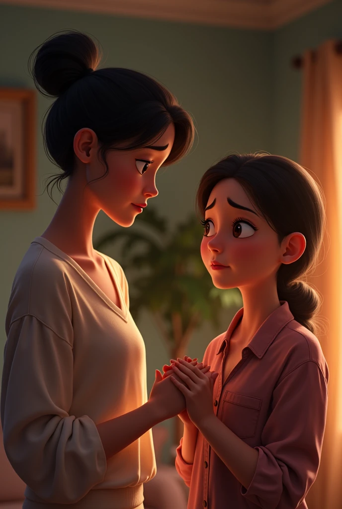 A sad  woman talking to her mother, pixar disney style, cinematic masterpiece, aesthetic 