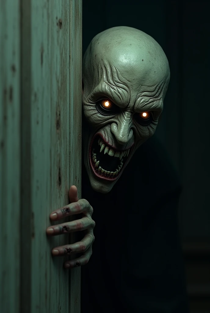 Demonic supernatural being with scary glowing eyes looking from the crack in the door smiling scary very realistic and smiling a lot 
