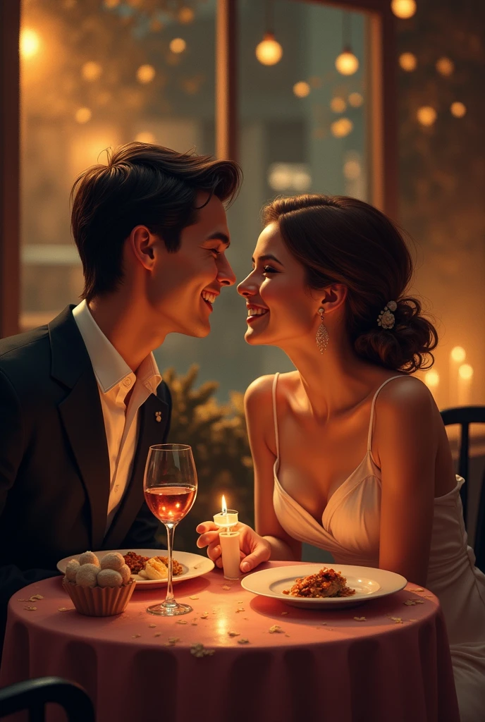 The couple enjoying a romantic dinner together, laughing and bonding. Depicting QUALITY TIME