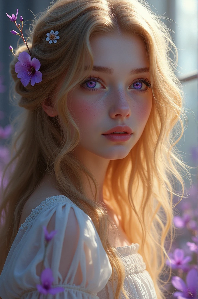 Girl with golden hair and purple eyes
