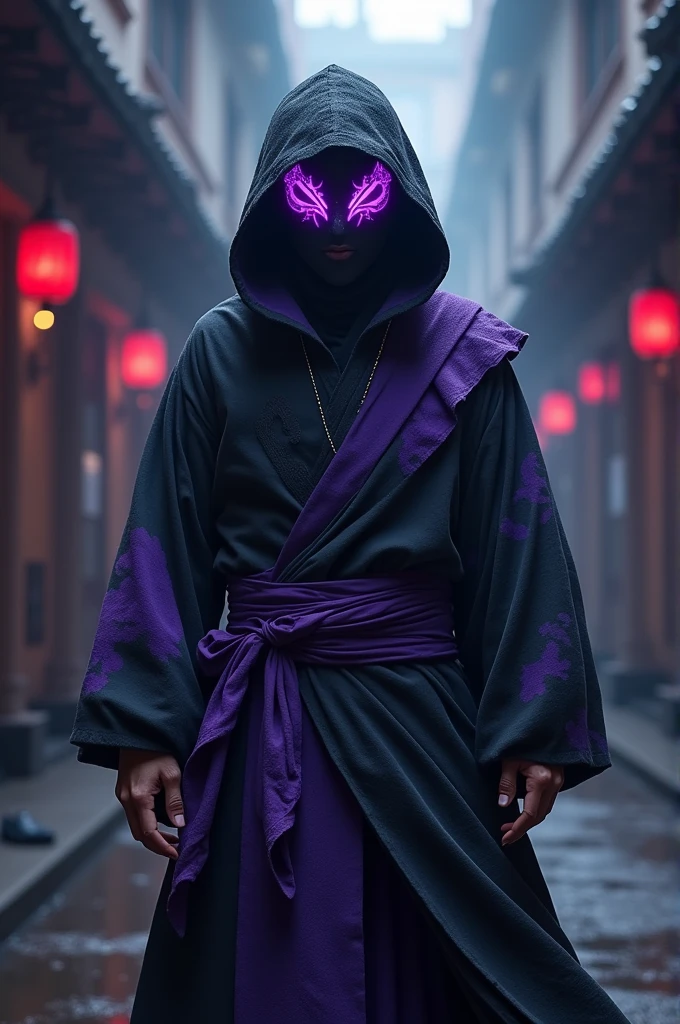Creates an image based on these following characteristics: naughty man  ### name: Kage and Yūsha Appearance:
- **vestimentas:** Dark ninja costume with bright purple accents.
- **mask:** mask de rosto completo com um padrão roxo que brilha na escuridão..

