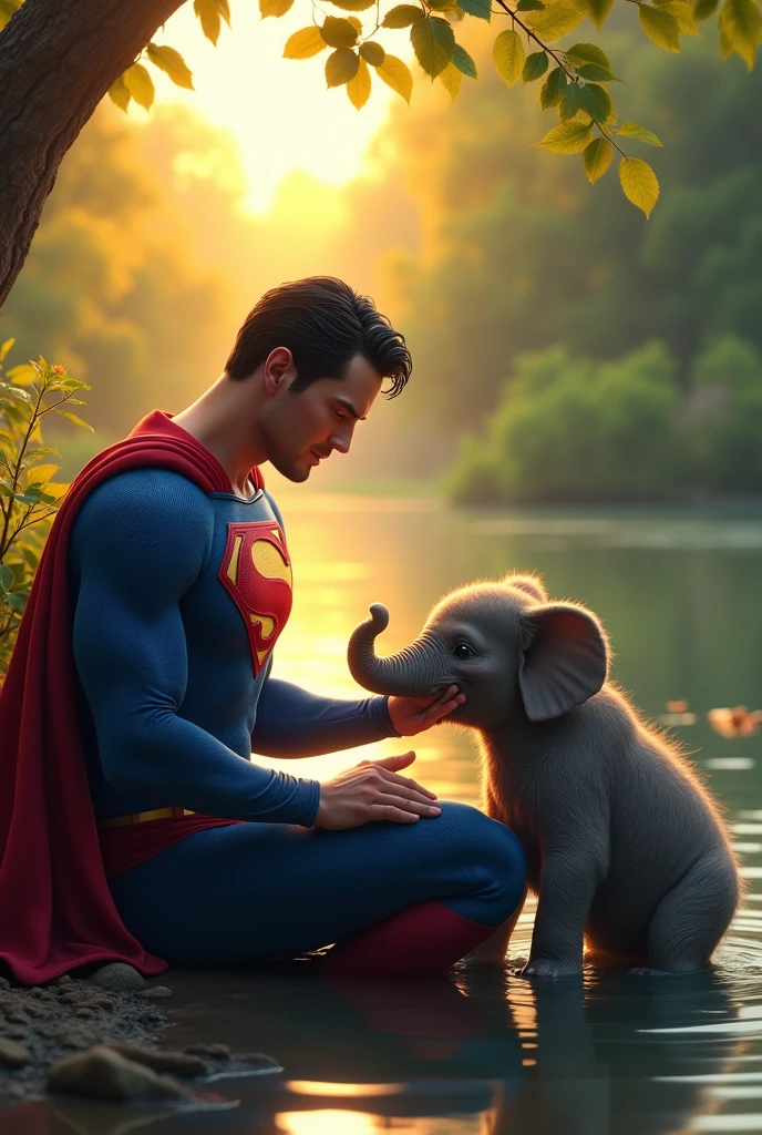 Superman, in his iconic blue and red suit with the 'S' emblem on his chest, is sitting by the edge of a serene and beautiful river. His expression is kind and gentle as he lovingly pets a baby elephant's head. The lush green trees and the sun's rays reflecting on the water create a tranquil and heartwarming scene, with vibrant colors and a slight golden evening glow making the moment feel even more special."