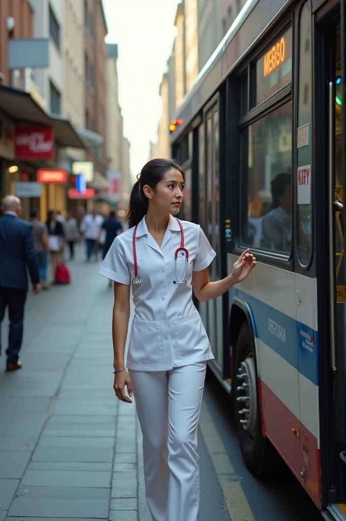 Nurse going on bus

