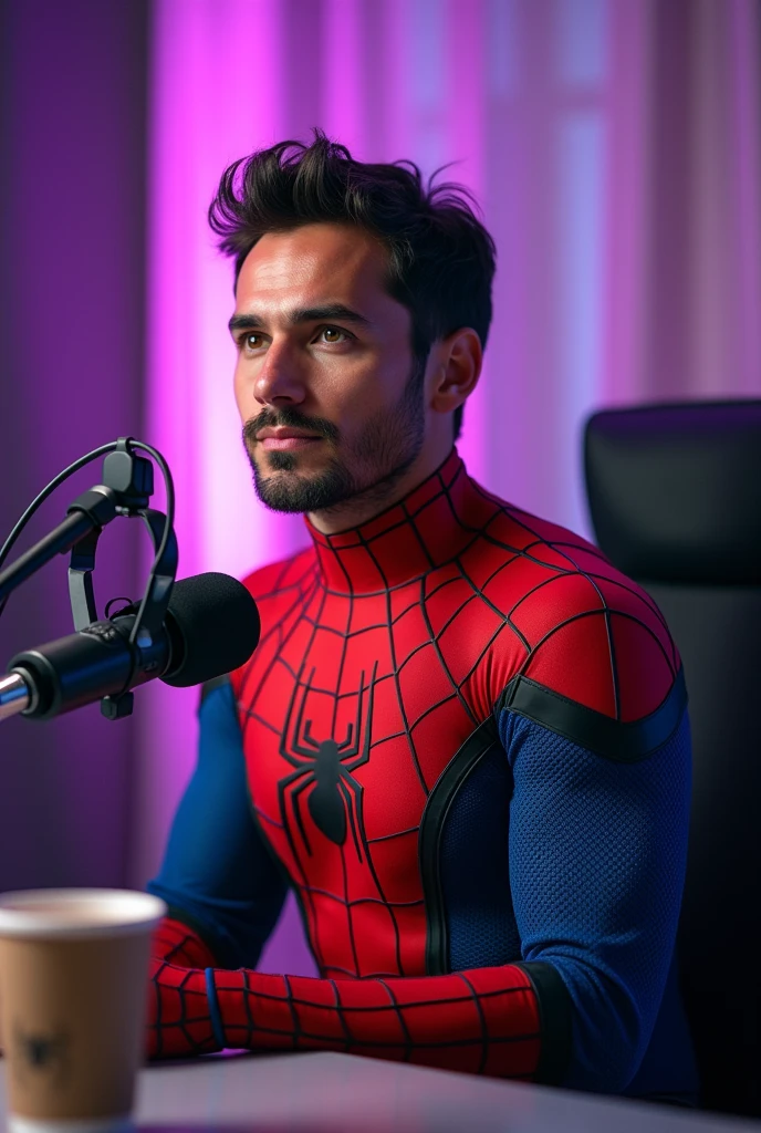 beautiful photo of a man, wearing a spideman costume, A stunning intricate full color photo of (sks man:1), epic character composition, by ilya kuvshinov, alessio albi, nina masic, sharp focus, natural lighting, subsurface scattering, f2, 35mm, film grainThe image shows an individual sitting at a desk with a microphone in front of them, suggesting they might be hosting a podcast, conducting an interview, or doing some other audio recording activity. The background features blurred purple lights, giving the setting a modern and tech-savvy vibe. There's also a disposable coffee cup on the desk, adding a casual touch to the professional setup.