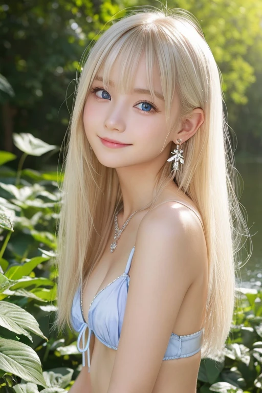 ((Highest quality)), ((masterpiece)), (detailed), ((Full body image))、A rare beautiful girl、-yeld Scinavian actress、blue eyes、detailedな顔、Platinum Blonde、 Silky Hair、masterpiece、Bangs between the eyes、Hair above the eyes、片Hair above the eyes-顔の髪、Forest Fairy、Blonde reflection、眩しいハイライトが入ったPlatinum Blondeの髪、bright and shiny hair,、One small necklace、Small earrings、A shy smile、((white skin texture))、Long Hair、((Attractive pose))、Natural Makeup、Pink Eyeshadow、Attractive big eyes、blue eyes、so beautiful, Adorable and cute、((Pure white skin texture))、Photo taken at the resort lake、Butterfly Garden、Micro Bikini、Realistic