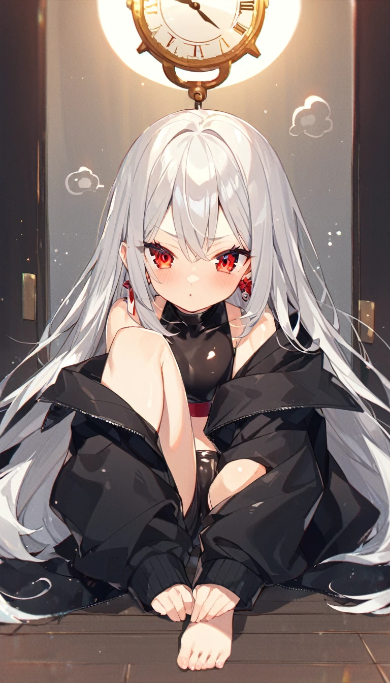 nsfw:1.9、4K（（Great anime））（(masterpiece)） (high quality) (detailed: 1.9) (Perfect Face) (detailedな髪) (Shiny Hair: 1.9) (Glowing Skin) （（cute））（（One beautiful girl））（（cute））（Short:1.9）（Thin waist:1.9）（（（（10 year old beautiful girl））））（（（boyish）））（（Pettanko's chest））（（long hair））（（Silver Hair））（One strand of black hair）Red Eyes、ear、Earrings、（（whole body））（（Black oversized coat））（（（Long sleeves:1.9）））（（（Moe sleeves:1.9）））（（Compression Sports Bra））（（（（Put on the hood:1.9））））Confused eyes、（（（（（（Leather shortsの隙間から見えるCrotch dimples:1.9）））））））（（（（Sit with your legs apart, exposing your inner thighs:1.9））））（（Deep slit））（（（（（（（Crotch dimples:1.9）））））））Steampunk World、（（gear））（（（clock）））Slam、（（（Leather shorts:1.9）））（（Low rise））barefoot、（（（（（（（Butt:1.9）））））））