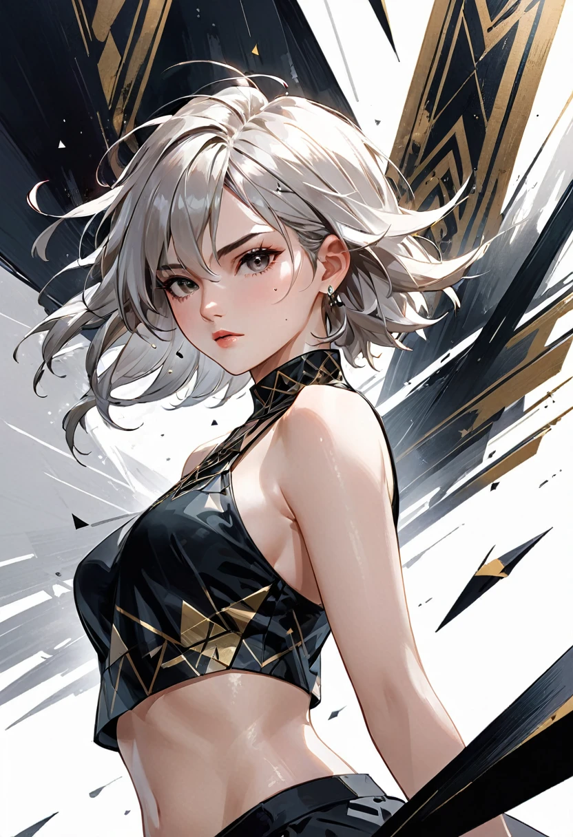 beige hair lexia
2.1.from below shinkawa youji action illustration of female jensenDX Female, silver on black, geometric forms, triangles, intricate, elegant, highly detailed, ink painting, artstation, concept art, strong brush stroke, sharp focus, illustration, croma concept art Semi realistic, saturated