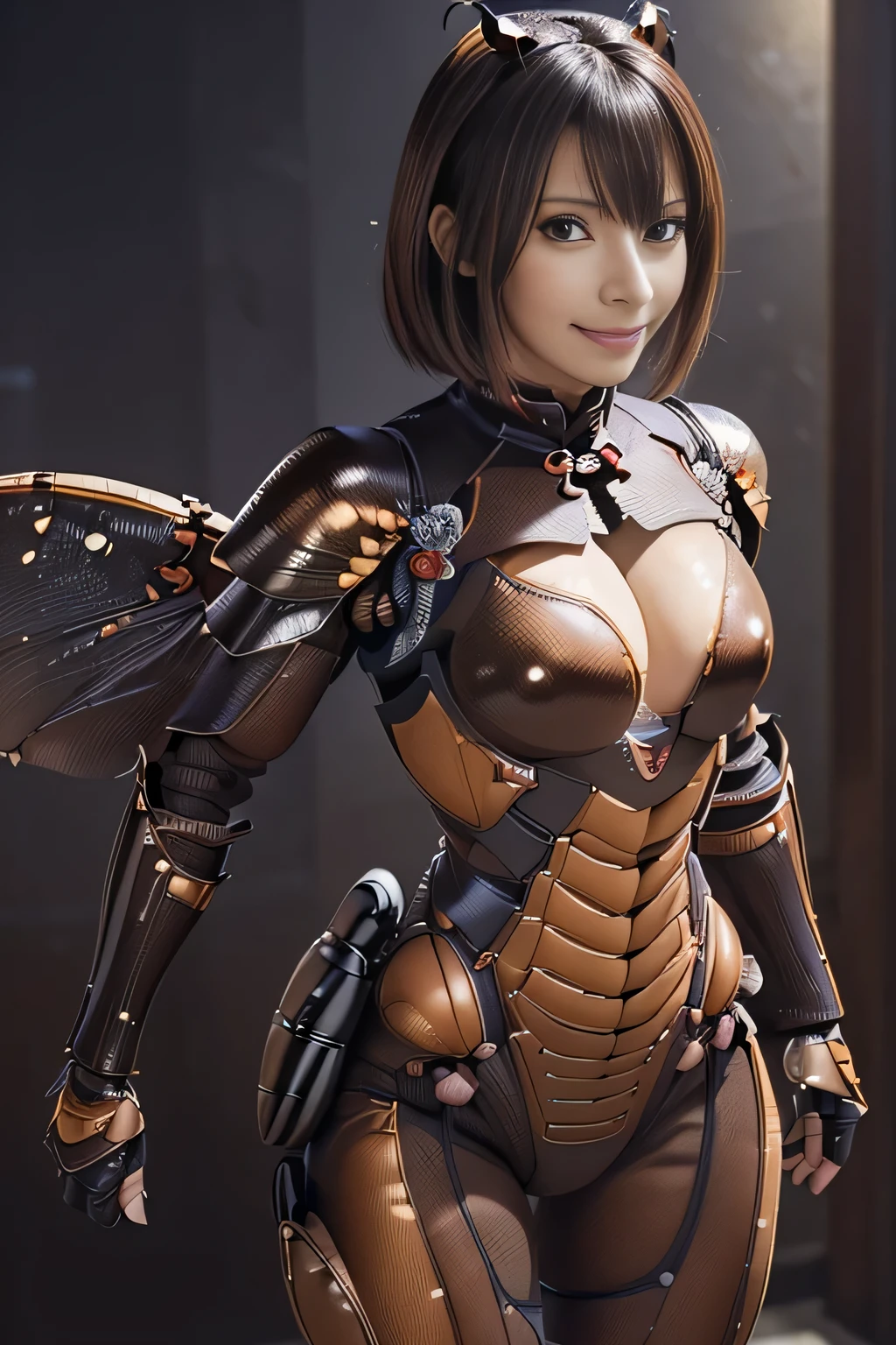 (high resolution,masterpiece,best quality,extremely detailed CG, anime, official art:1.4), realistic, photo, amazing fine details, all intricate, gloss and shiny,awesome many layers, 8k wall paper, 3d, sketch, kawaii, illustration,( solo:1.4), perfect female proportion,villainess, (fusion of dark brown cockroach and lady:1.4), (brown cockroach form lady:1.2), (brown cockroach lady:1.2), (fusion:1.2), (solo:1.4), (evil smile:1.2), muscular, abs, (cockroach brown exoskeleton bio insect suit:1.4), (cockroach brown exoskeleton bio insect armor:1.2), (brown transparency cockroach wing:1.4), (brown cockroach antennae:1.3),