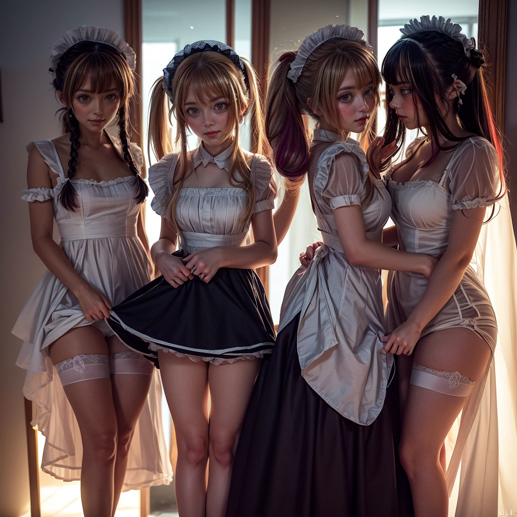 (Fisheye Lens Full Body wide Shot), (Extremely Detailed((Kawaii Maid Group in a row:1.37))), Childish perfect face, Reflective Eyes, Detailed(Delicate Clothing textures), Dynamic Joyful Expressions LifeLike Rendering, (Specular Reflection:1.2), TopQuality 8K Ultra-detailed masterpiece (ProfessionalPhoto:1.37), (Acutance:0.8), (Luminism:1.28), (Renaissance art style), (Colorful Light particles:0.75), ((Full body from side)), {mini(SkirtLift)|Kissing|Hugging|Undressing}, Radiant Fine Skin with Transparency, (Exposed:0.5), (Different Types of Anime Hair Color Variations:1.6), Perfect Lighting