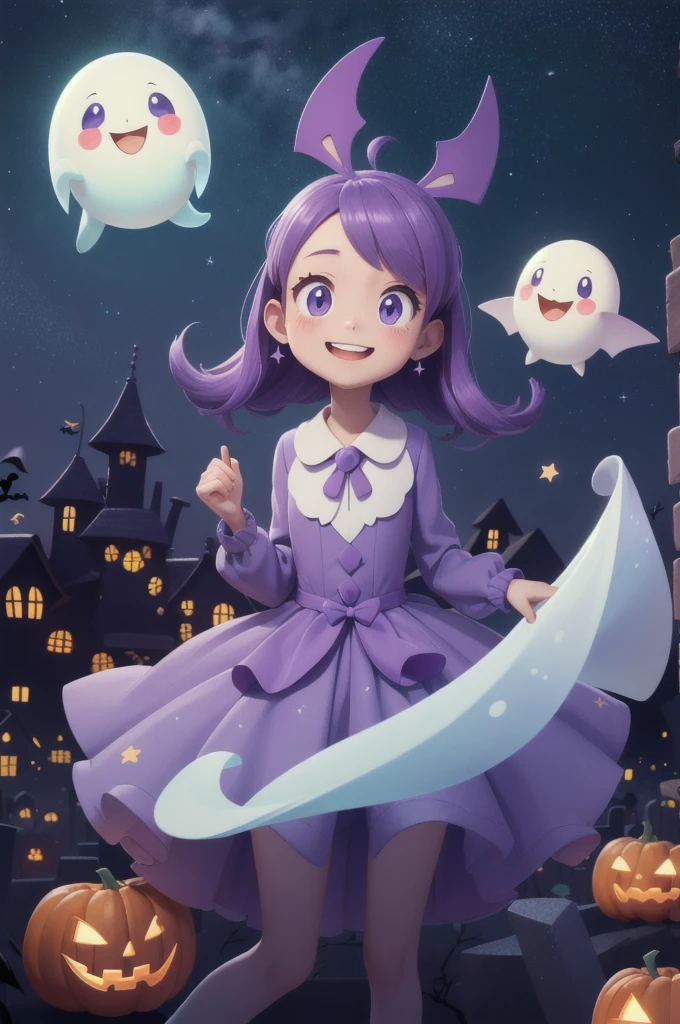 ((masterpiece,Highest quality)),Absurd,cute_Ghost,No humans,alone,Ghost,floating,Halloween,Pokemon (Living things),cute,alone,smile,View your viewers,Purple Theme,Cemetery in the background,night空、Beautiful stars、cute、night、Bat