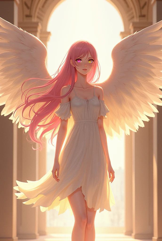 A tall girl (180cm), With flowy and long dust pink hair, pastel pink (right), and pastel yellow (left), colored eyes, under left eye there's a mole, she has diamond shaped pupils, she has angel wings, and she's in U.A High