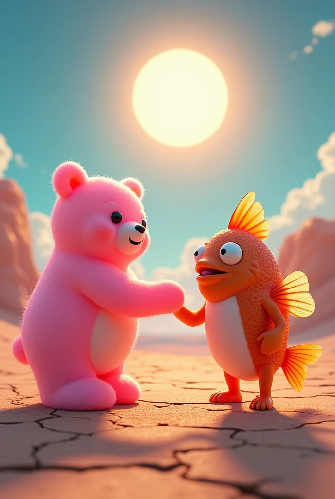 Jelly bear and fish shake hands in hot dessert
