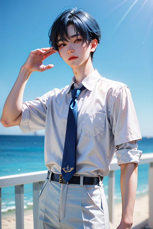 blue hair, White skin, 18 years old, super detail, masterpiece, 8k, 1 boy, korean, amazing, Idol appearance, high quality, Refreshing, high quality, Idol hair, white shirt, black pants, Beautiful androgynous man, boy, A delicate and positive man, Refreshing, summer, sky blue background, clear, Natural lighting, Fujifilm