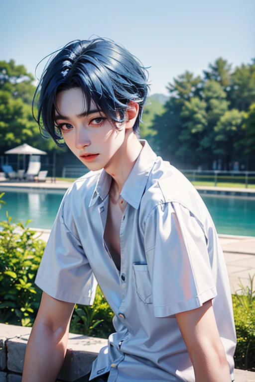 blue hair, White skin, 18 years old, super detail, masterpiece, 8k, 1 boy, korean, amazing, Idol appearance, high quality, Refreshing, high quality, Idol hair, white shirt, black pants, Beautiful androgynous man, boy, A delicate and positive man, Refreshing, summer, sky blue background, clear, Natural lighting, Fujifilm