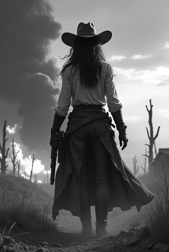 Meilleure qualité, ultra-détaillé, Réaliste, d&#39;apocalypse farwest, cowgirl solo, farWest féroces et intimidants, année 1866, nuages noirs menaçants et ciel orageux, le feu et la fumée, style artistique audacieux et agressif, palette de couleursnoir et blanc, atmosphère sinistre et sombre, décor infernal et chaotique, destruction apocalyptique et chaos
