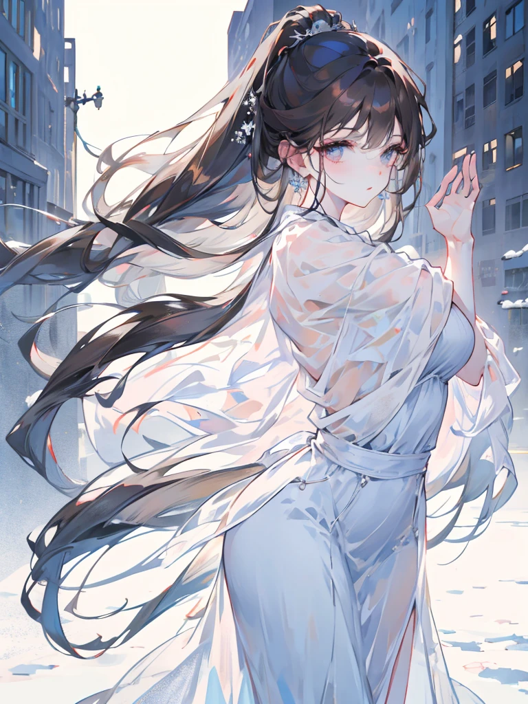 young,Hanging Hair,Dark brown hair,Street background,Whole Body Ezbian,Long legs,Beautiful body structure cover,Ultra-detailed drawings, Amazingly realistic photos,Snow blue clothes,Light taupe clothing,Translucent clothing,(Casual Hairstyles,:1.2), Incredibly graceful pose, Black organza dress,Translucent maxi dress,Background Blur,A goddess-like presence,office lady