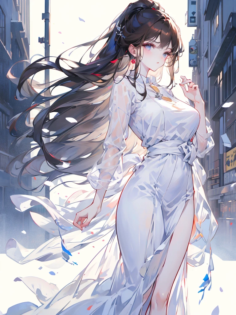 young,Hanging Hair,Dark brown hair,Street background,Whole Body Ezbian,Long legs,Beautiful body structure cover,Ultra-detailed drawings, Amazingly realistic photos,Snow blue clothes,Light taupe clothing,Translucent clothing,(Casual Hairstyles,:1.2), Incredibly graceful pose, Black organza dress,Translucent maxi dress,Background Blur,A goddess-like presence,office lady
