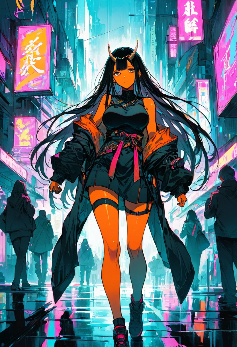 Masterpiece, best quality, Masterpiece, best quality, 1 woman , black skin , Karin , long black hair , sly face , smile , black bikini , abdomen, big breasts , Long legs , Barefoot , hands on hips , alley , at night